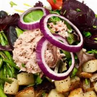 Salade Nicoise · Our signature tuna salad, local tomato, warm haricots vert and potato, black olive, fresh ro...