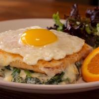 Florentine Croque Madame Sandwich · Fresh baby spinach, layered with bechamel, Gruyere and Parmesan cheese baked on our box Fren...