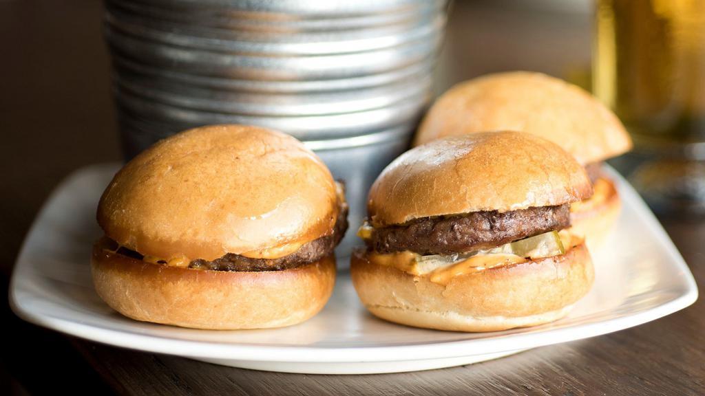 Gimme Sliders · 3 mini burgers with american cheese and a side of french fries