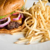 Adobe’Rger · grilled to order with lettuce, tomato, onion, pickle, cheddar cheese and spicy mayo; choice ...