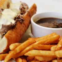 Rotisserie Prime Rib Sandwich · Warm Swiss cheese, French onion jus, creamed horseradish.

*Consuming raw or undercooked mea...