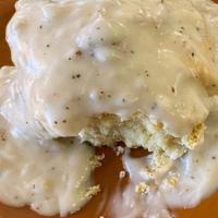 Biscuits & Gravy · Two large biscuits with sausage gravy.