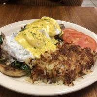 Bacon Florentine Benedict · Grilled English muffin halves, bacon, spinach, mushrooms, basted eggs, hollandaise sauce, an...