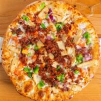Chicken Bacon Ranch Pizza · Creamy ranch sauce, garlic chicken, bacon, mozzarella cheese, green bell peppers, tomatoes a...