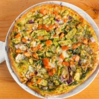 Pesto Chicken Pizza · Pesto sauce, mozzarella cheese, fresh garlic, artichoke hearts, pesto chicken, tomatoes and ...