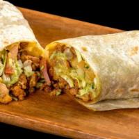 Adobada Burrito · Marinated pork, guacamole, pico de gallo, and cabbage.