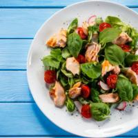 Grilled Salmon Salad · Grilled salmon lettuce, tomatoes, cucumbers, red onions, green pepper, choice of dressing on...