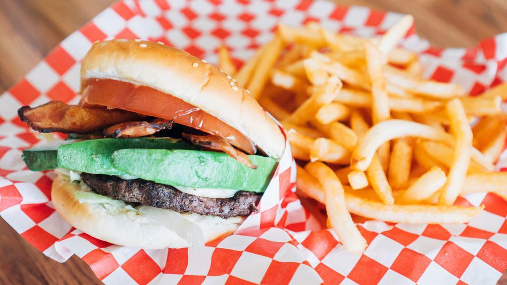 California Burger (Standard) · Served with fries. Includes avocado, bacon, lettuce, tomato, mayo, 1000 island, cheese.