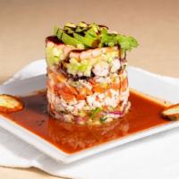 Torre Loca · Shrimp and fish ceviche, crab, fresh shrimp, cooked shrimp, baby clams and octopus