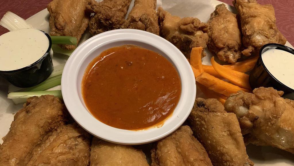 Crispy Chicken Wings · Battered fried chicken wings served naked! Celery, carrots, ranch dressing and our own hot sauce all served on the side.