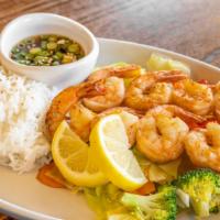 Grilled Shrimp · 10 grilled shrimp with stir fried vegetables.