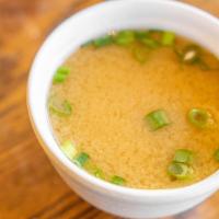 Miso Soup Cup (10Oz) · Cup of miso with Tofu, Green Onion, and Seaweed.