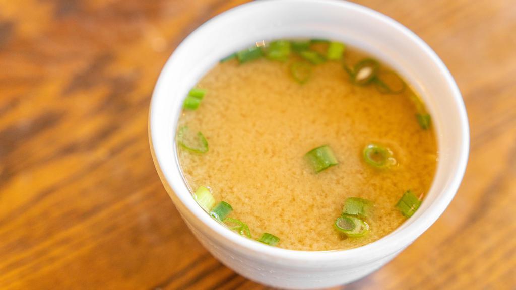 Miso Soup Cup (10Oz) · Cup of miso with Tofu, Green Onion, and Seaweed.