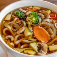 Vegetable Udon Soup · Japanese thick wheat noodles with vegetables.