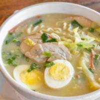 Pork Ramen Soup · Japanese wheat noodles with vegetables, sweet roasted pork, and boiled egg in a pork broth.