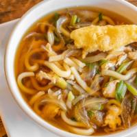 Nabeyaki Udon Soup · Japanese thick wheat noodles with vegetables, chicken breast & 1 pieces of shrimp tempura.