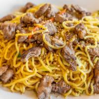Yakisoba New York Steak · Stir fried wheat noodles with vegetables and NY Steak in a homemade sauce.
