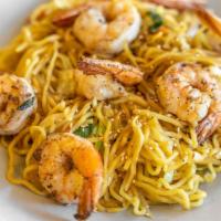 Yakisoba Shrimp · Stir fried wheat noodles with vegetables and shrimp in a homemade sauce.