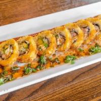Captain Crunch Roll · Stuffed with house crab puff filling (crab, cream cheese, jalapeno, & green onion), crab, av...