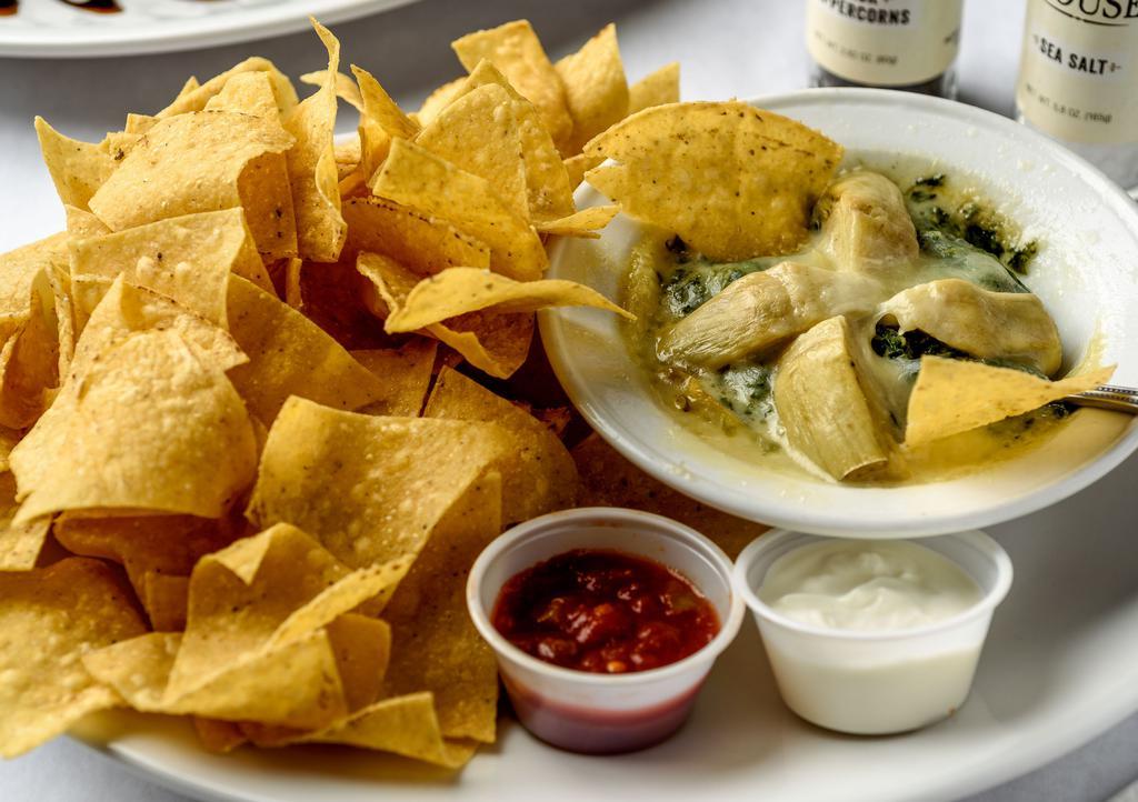 Spinach Dip · Spinach and marinated artichoke hearts with Monterey Jack,  Romano, and Parmesan cheese.