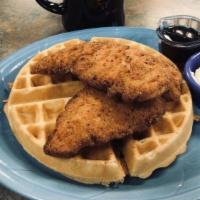 Chicken & Waffle · Choice of waffle with lightly breaded & cooked golden brown chicken tenderloins served with ...