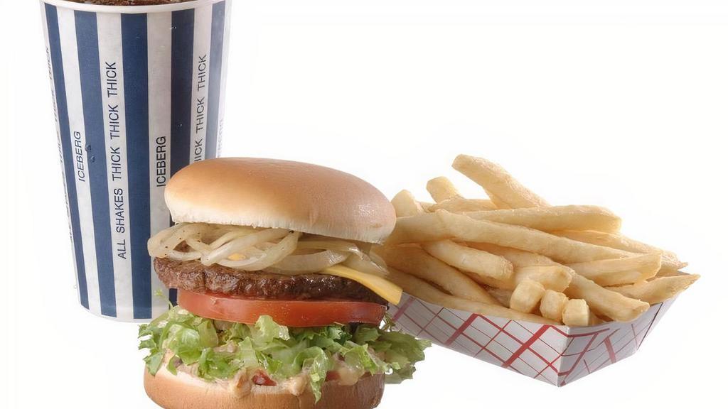 Rodeo Combo · Our amazing 1/4 lb burger combo.  Burger sauce, lettuce, tomato and your choice of grilled or raw onions.  Includes cheese.  Then choose one of our amazing sides and then the big decision...drink or SHAKE?