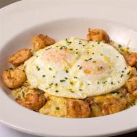 Shrimp & Grits · (GF) Creamy cheese grits cooked with bacon, poblano peppers, diced tomato, and shrimp. Serve...