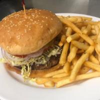 Tavern Burger · Grilled chuck with white cheddar, lettuce, onion marmalade, pickles, bone marrow aioli*, & d...