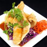 Crispy Pla  · Two ten oz whitefish filets flash fried and served with a sweet pickled jalapeno garlic sauc...