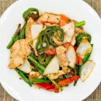 Pad Jalapeño · Jalapeño slices stir-fried with meat, red bell peppers, onions, green beans  in our special ...