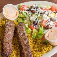 Kafta Kebab Platter · 2 fire grilled ground lamb/beef mixed with spices, finely chopped onions and parsley charbro...