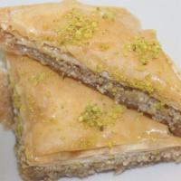 Baklava · Sweet Mediterranean dessert made from phyllo dough, syrup and pistachios.