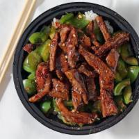Spicy Pepper Steak Bowl · Steak wok, grilled with green peppers, soy sauce, white & samurai spicy teriyaki sauce. Choi...