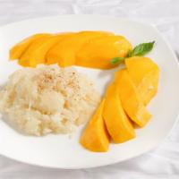 Mango Sticky Rice (Seasonal) · Sweet sticky rice with sliced mango and topped with creamy coconut milk.