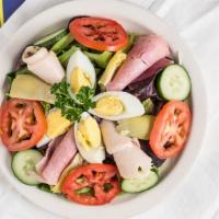 Chef Salad · Mixed greens topped with ham, turkey, boiled eggs, tomatoes, onions, black olives, cucumbers...
