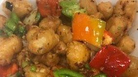 Kung Pao Shrimp · Spicy. Hot and spicy. Stir fried shrimp with bell pepper, onion, zucchini, water chestnut, peanut in a garlic brown sauce.