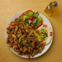Chicken Shawarma · Boneless chicken thighs marinated in garlic, lemon and herbs. Grilled with onions, tomatoes,...