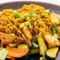 Chicken Yakisoba · Stir fried noodles with chicken, vegetables and sauce.
