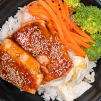 Salmon Teriyaki Bowl · Served with white rice, Steamed vegetable, and miso soup. 
*Substitute Fried Rice + $2.00