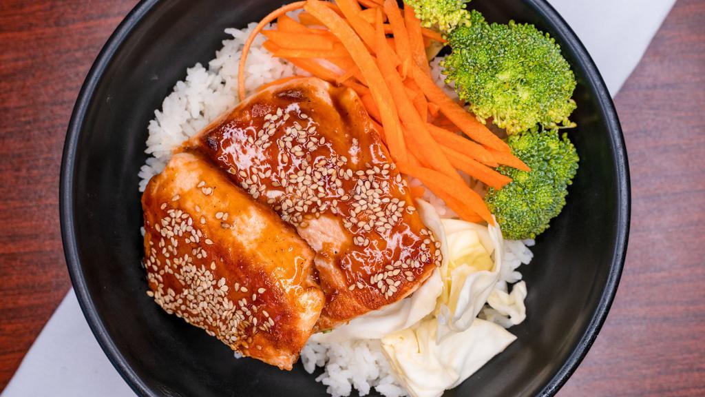 Salmon Teriyaki Bowl · Served with white rice, Steamed vegetable, and miso soup. 
*Substitute Fried Rice + $2.00