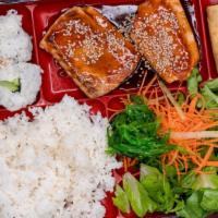 Salmon Teriyaki Bowl · Served with steam rice, side of green salad, 4pc california roll, 1pc gyoza & egg roll.