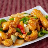 St10. Crispy Chicken With Cashew Nut · Panko crispy chicken, onion, bell pepper, green bean, and cashew nuts. Cooked with homemade ...