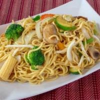 Chow Mein · Pan fried yellow noodle with garlic,ginger,onion,carrot,cabbage,green onion and beansprout.