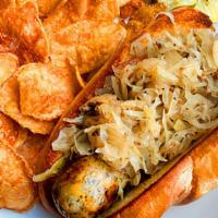 Beyond Vegan Bratwurst Sandwich · Beyond Vegan Bratwurst w/ vegan sauerkraut, peppers or onions on a french roll w/ house must...