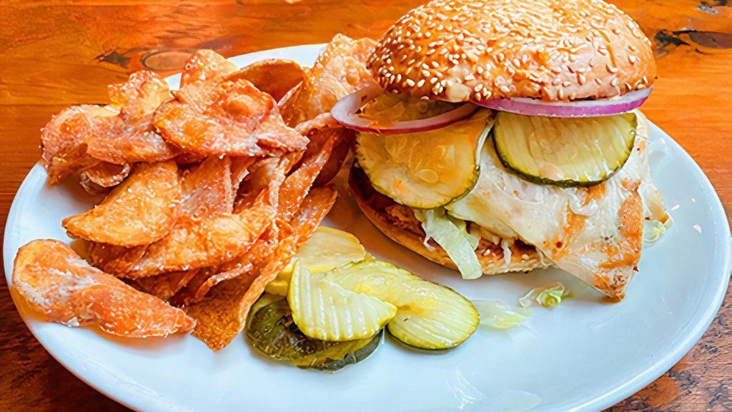 Grilled Chicken Sandwich · Lettuce, Onion, Pickle, Not So Secret Sauce, Cheddar Cheese.