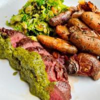 Bavette Steak W/ Roasted Jalapeno Chimichurri · Served w/ Fried Fingerling Potatoes & Brussels Sprouts