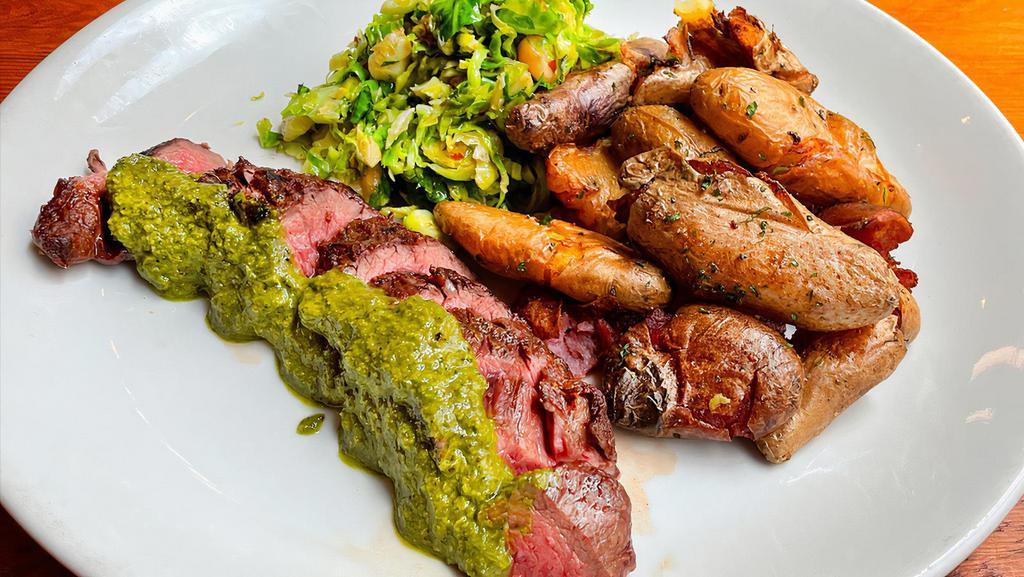 Bavette Steak W/ Roasted Jalapeno Chimichurri · Served w/ Fried Fingerling Potatoes & Brussels Sprouts