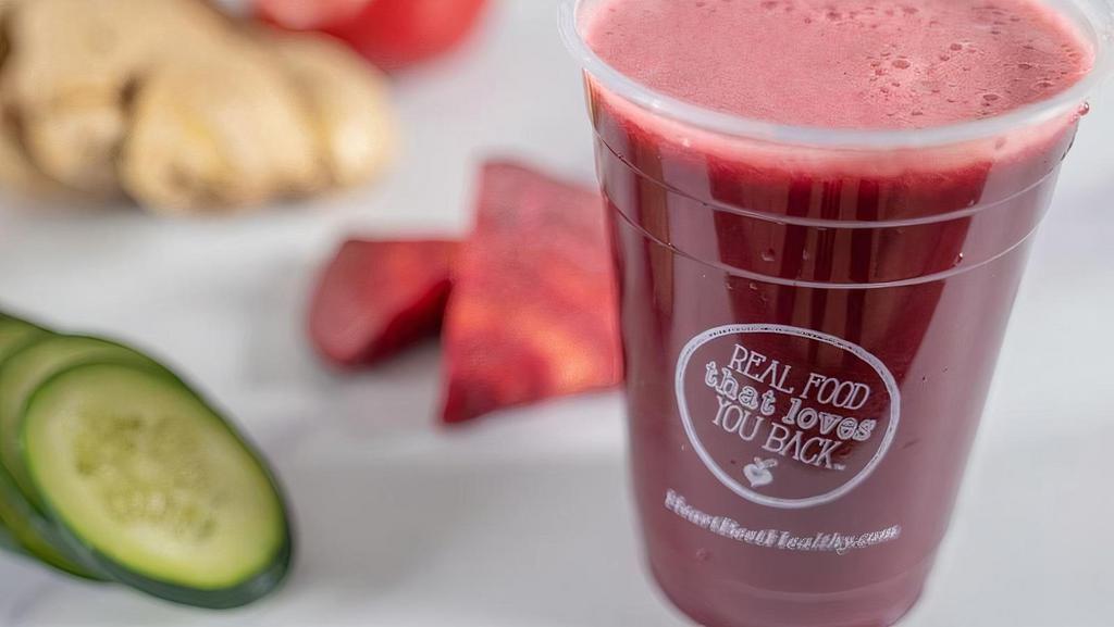 Magenta Love · Beautiful magenta juice made with apple, cucumber, beet, and ginger.