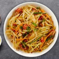 Papaya Pursuit Salad · Shredded green papaya & carrot in lime dressing, peanuts, green beans, tomato.