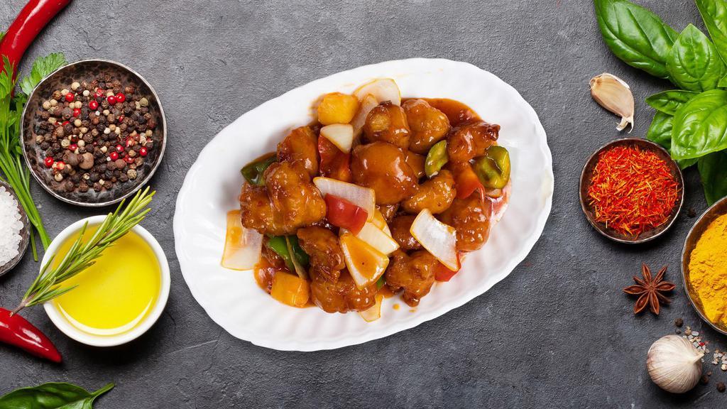 Sweet & Sour Entree · Your choice of protein sautéed with onions, pineapple, celery, carrot, cucumber, tomatoes, and bell pepper in sweet garlic sesame sauce.
